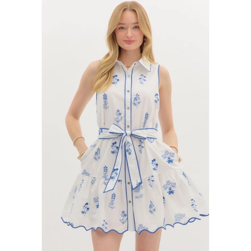 Entro Flora Blue Scallop Hem Mini Dress Belted Sleeveless Spring Party Travel L